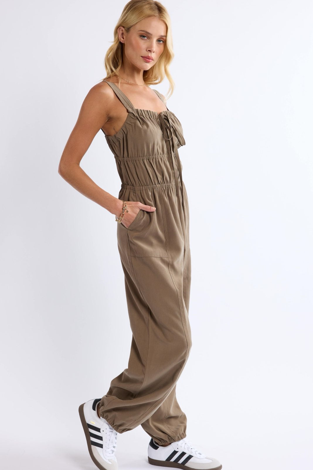 Amelise Olive Gathered Bodice Jumpsuit