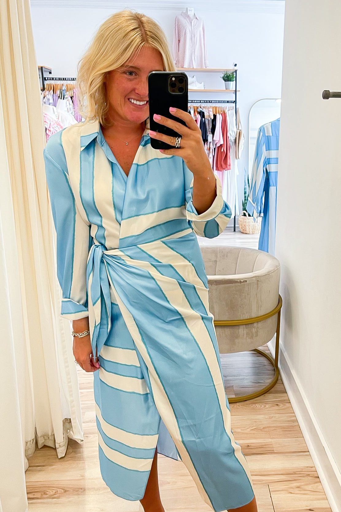 Dorian Blue Striped Wrap Midi Dress