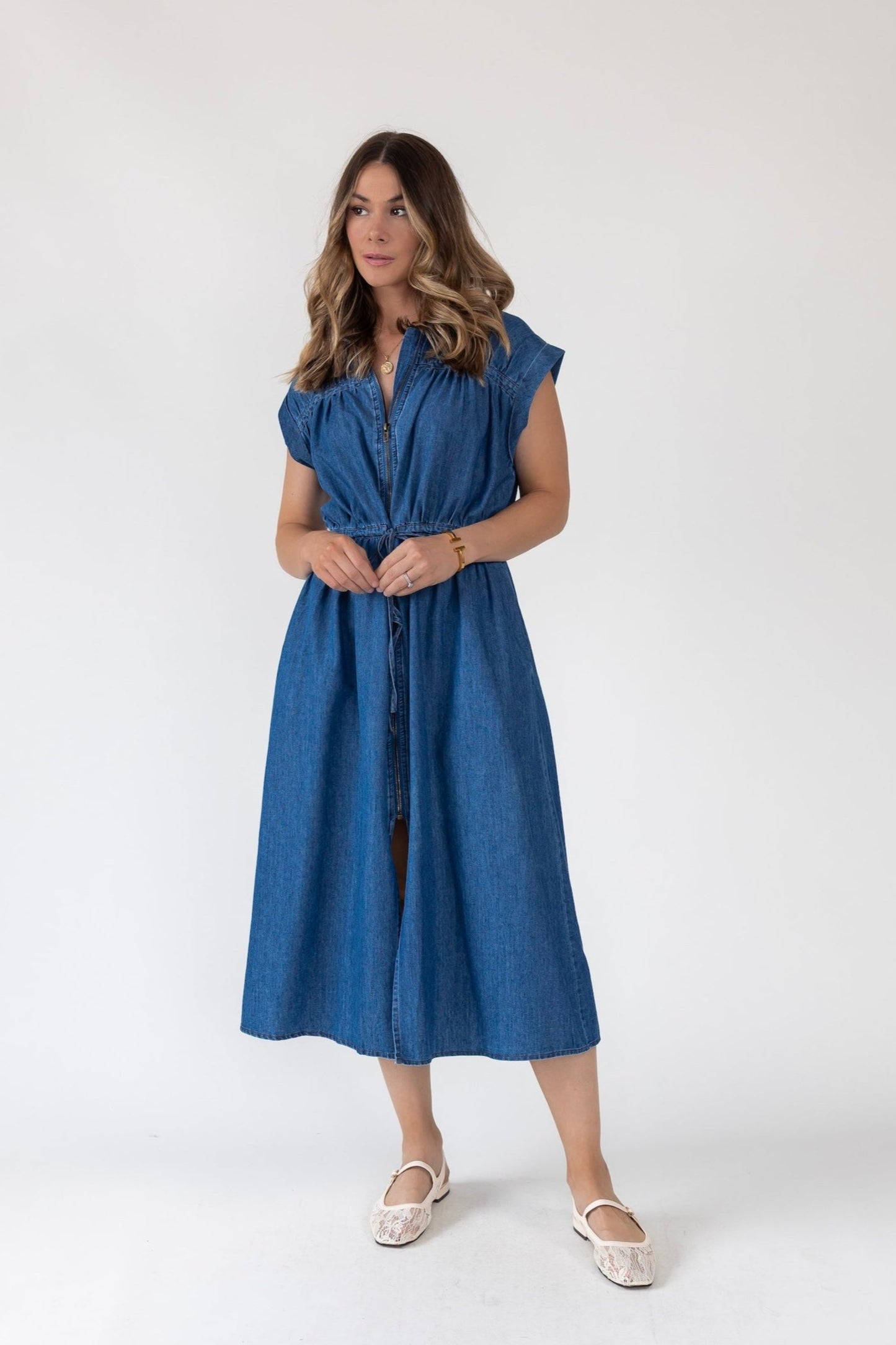 Brielle Zip-Front Denim Midi Dress