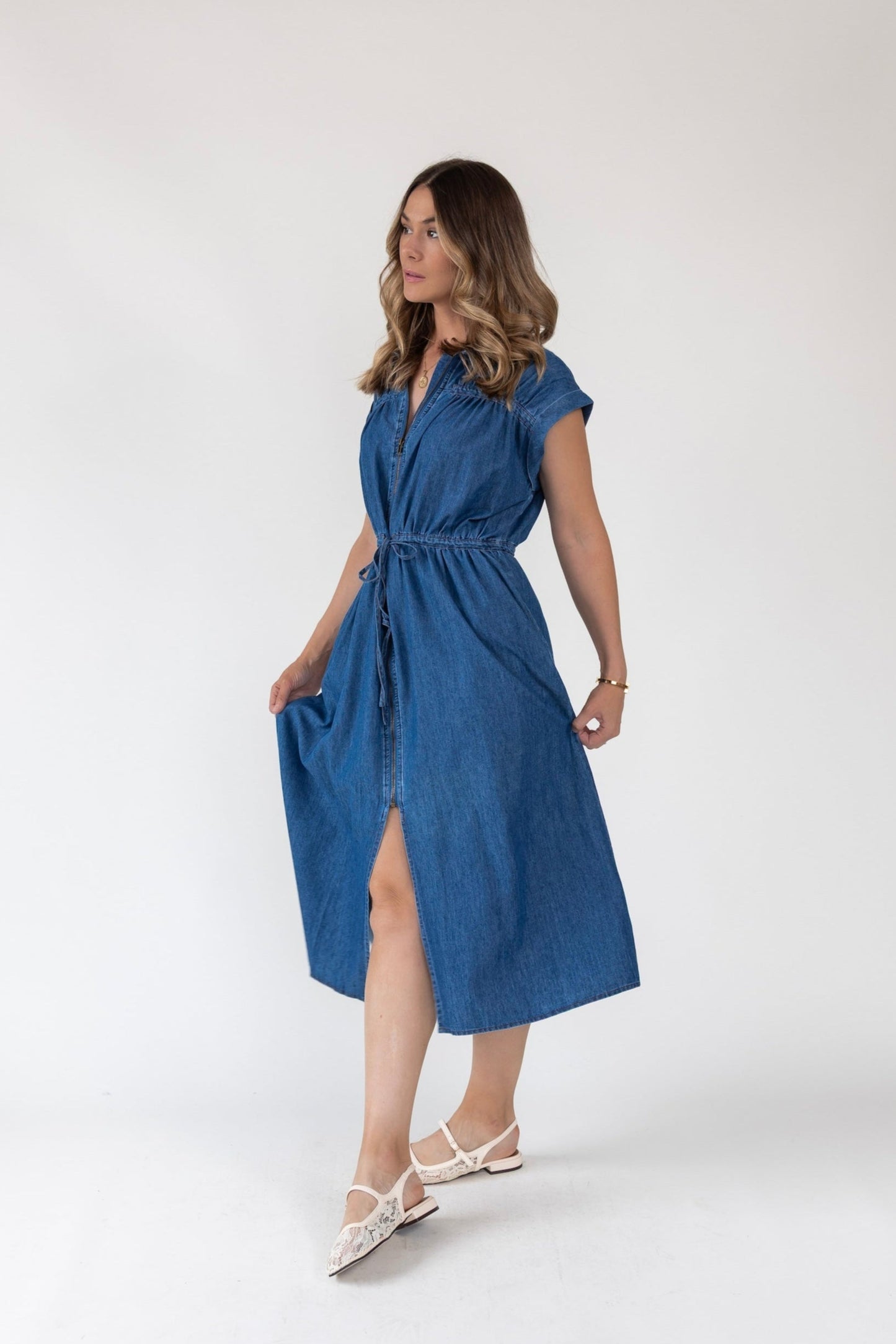 Brielle Zip-Front Denim Midi Dress