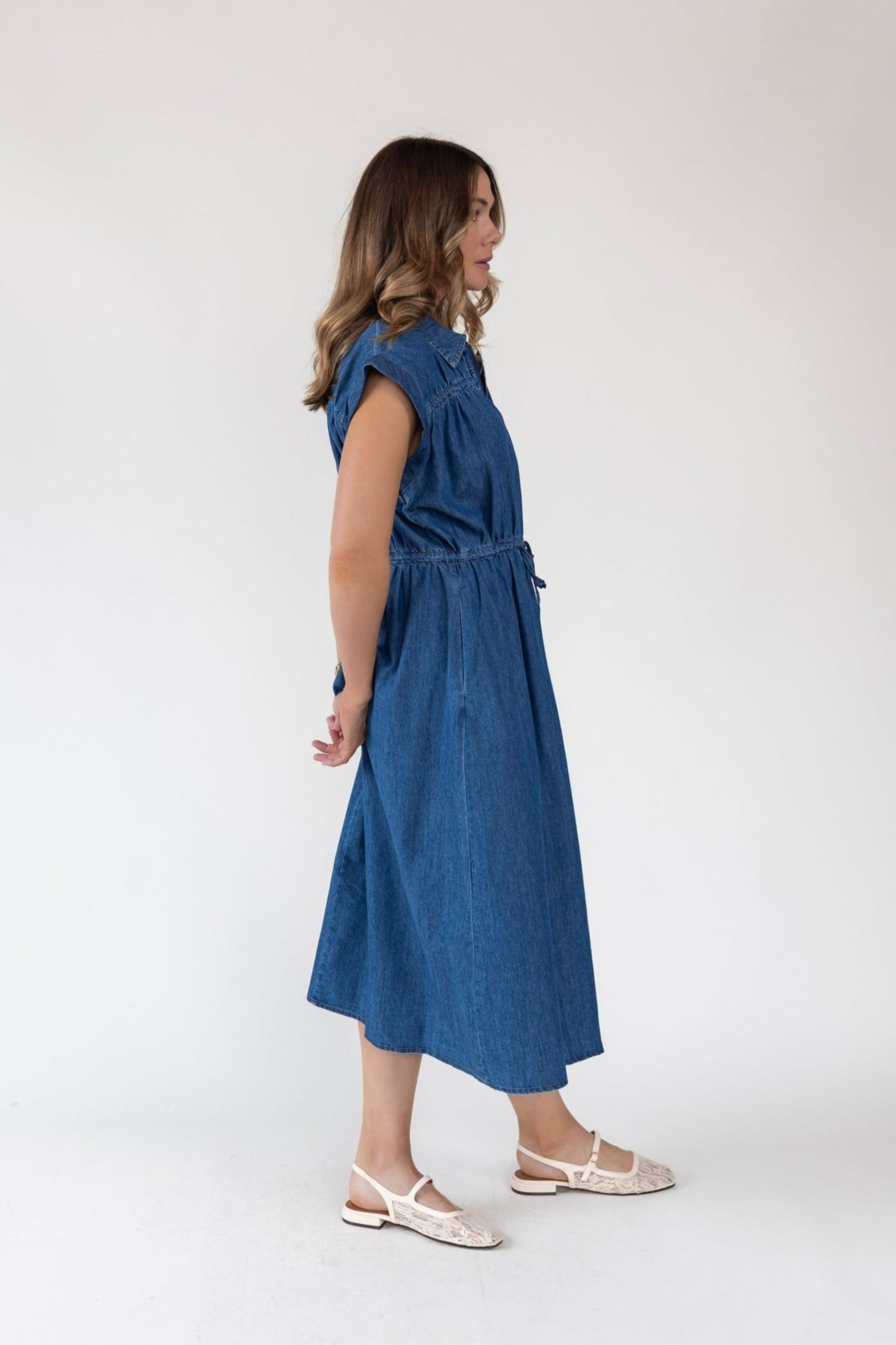 Brielle Zip-Front Denim Midi Dress