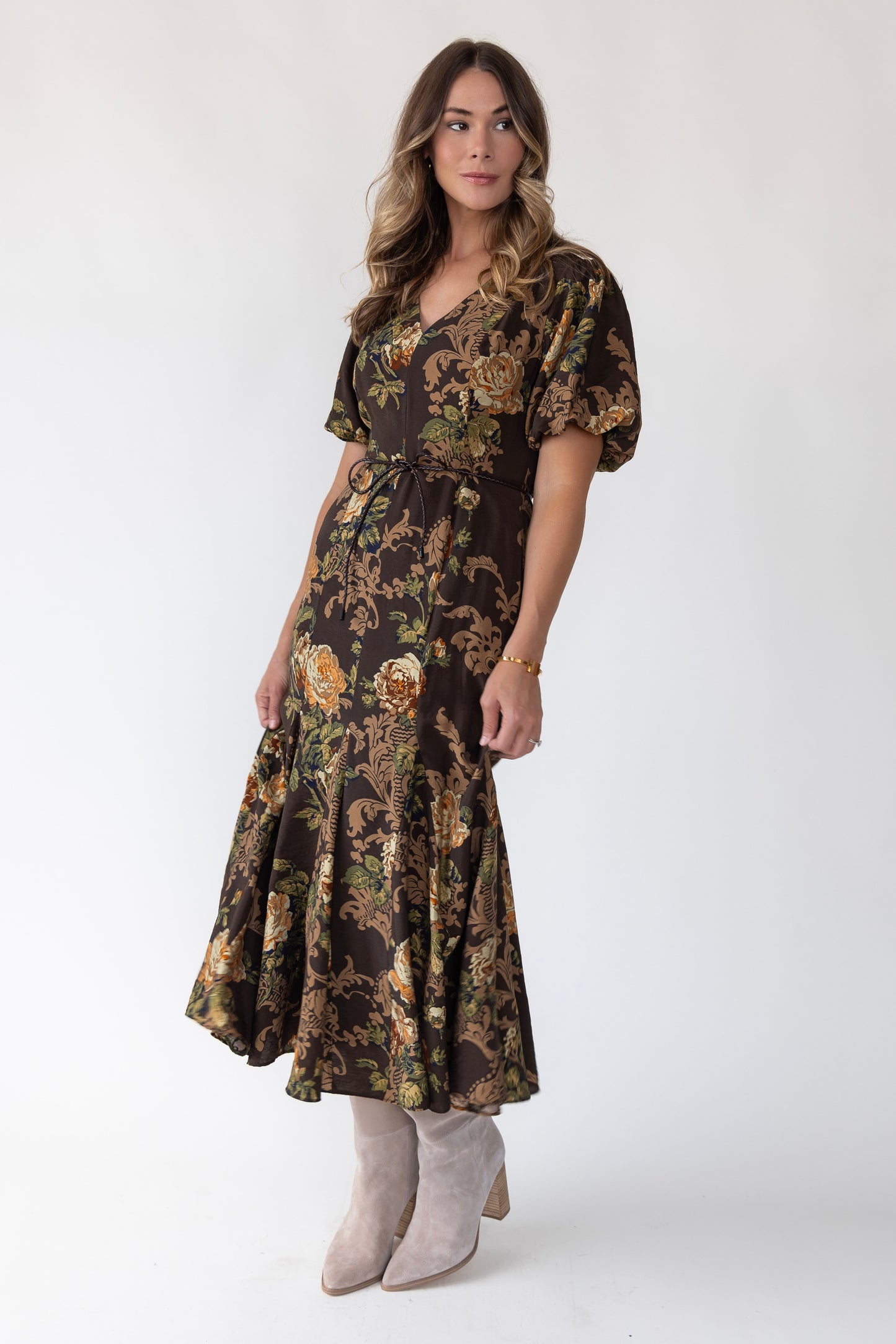 Lavena Brown V-Neck Dress
