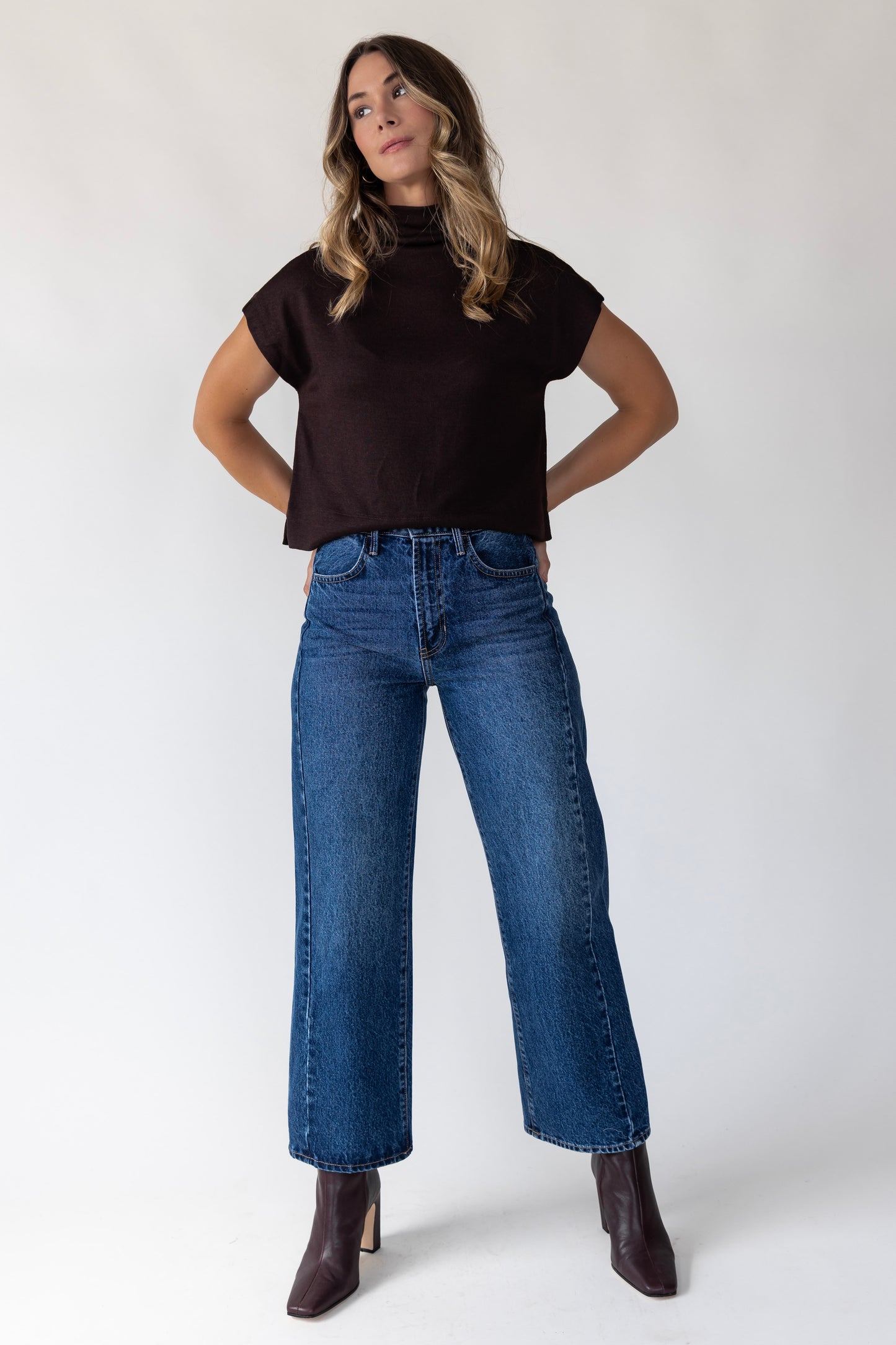 Meila Brown Mock Neck Pullover Top