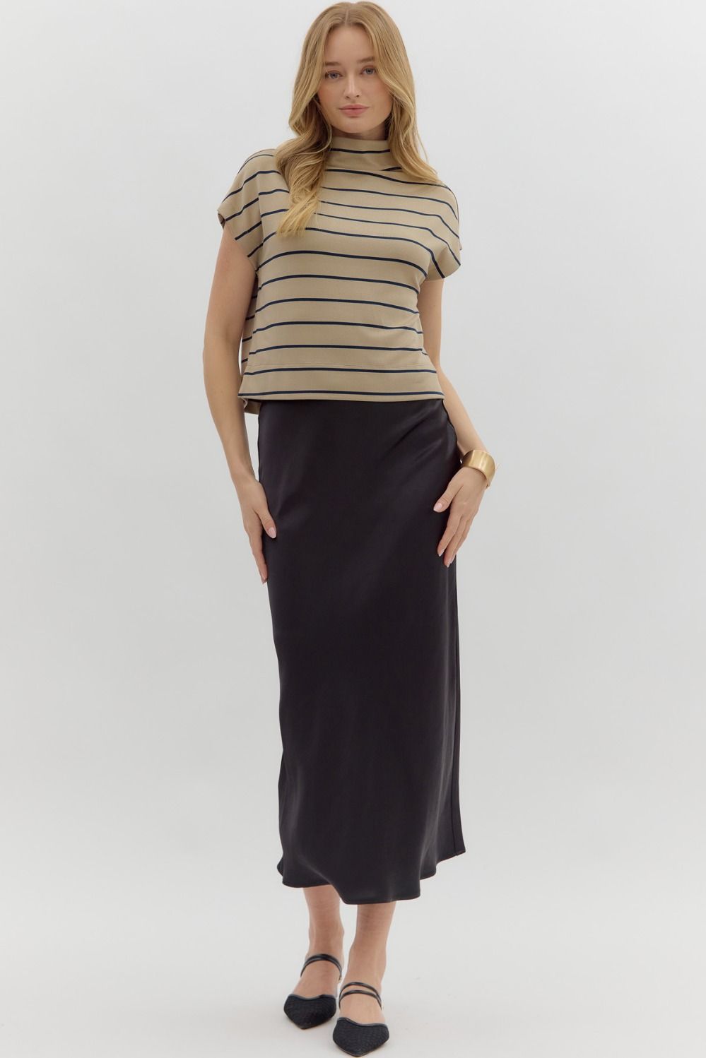 Elanie Taupe Striped Mockneck Top