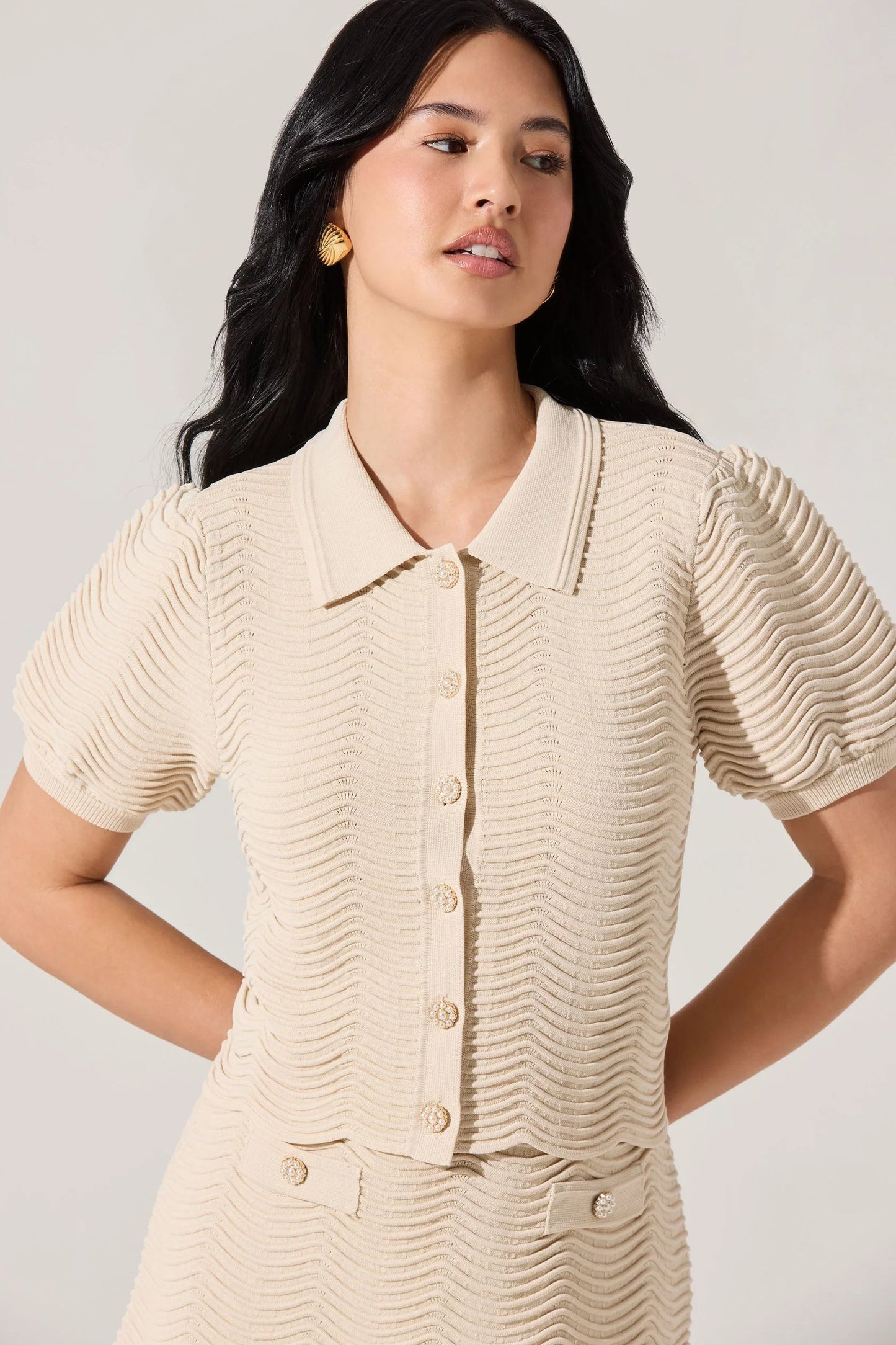Perrine Cream Scallop Hem Cardigan Top