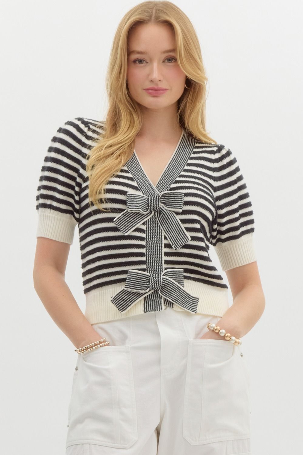 Ellison Black Striped Bow Cardigan Top - FINAL SALE