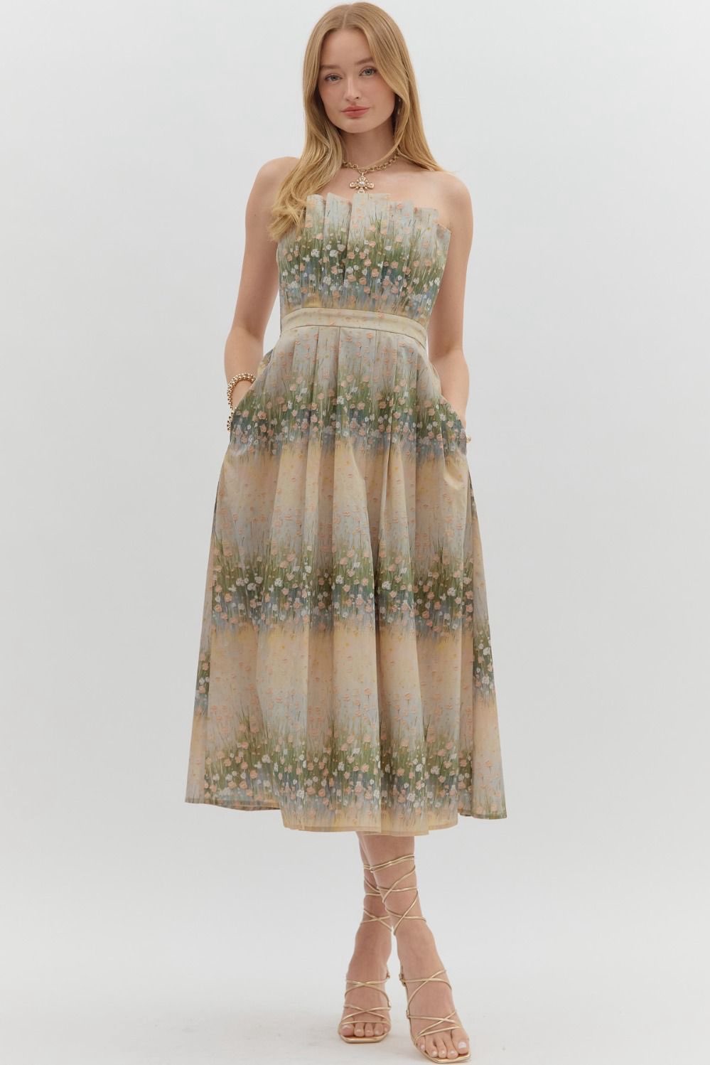 Leticia Beige Floral Pleated Midi Dress JO+CO Newburgh Leticia Beige Floral Pleated Midi Dress JO+CO Newburgh