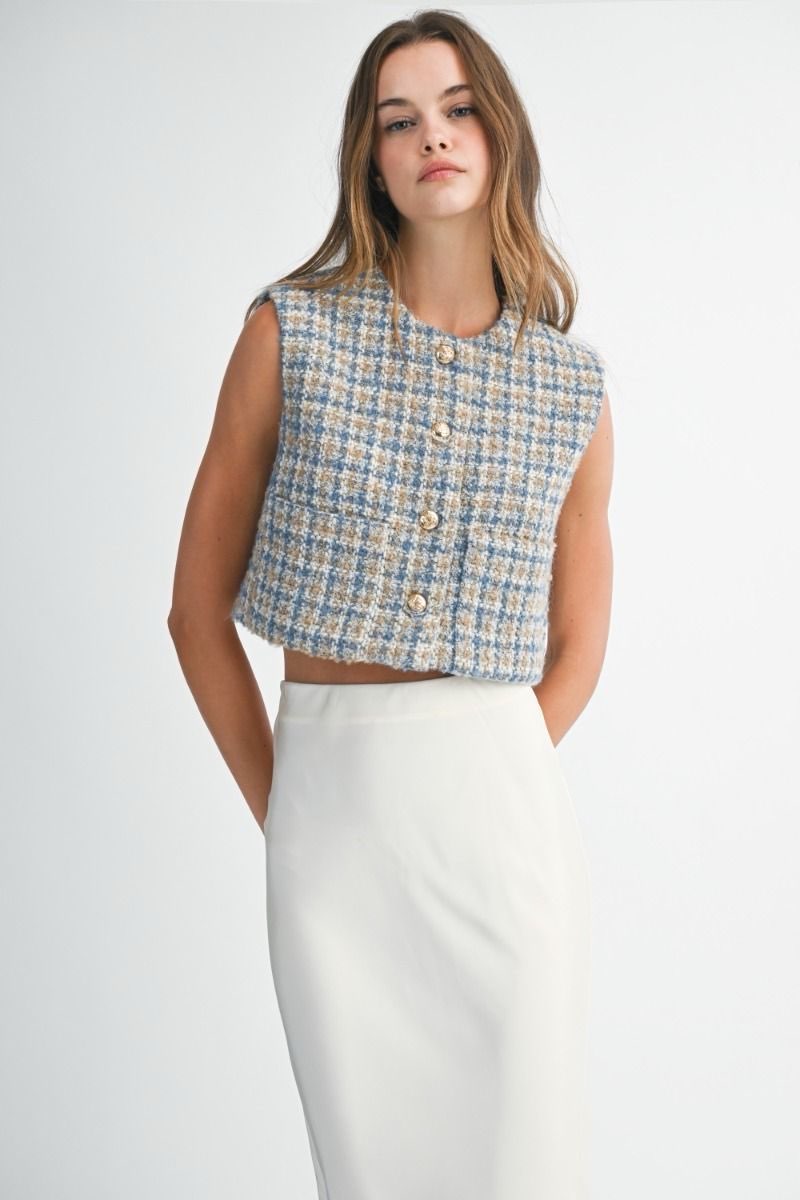 Omaira Blue Tweed Cropped Vest