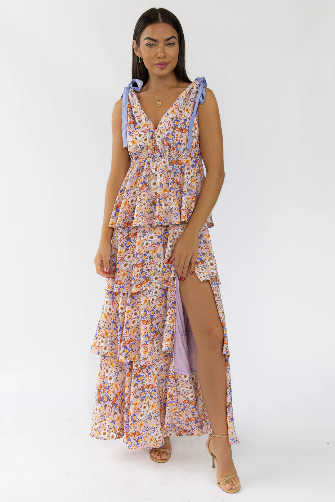 Shaina Blue Floral Tiered Maxi Dress - FINAL SALE JO+CO Newburgh Shaina Blue Floral Tiered Maxi Dress - FINAL SALE JO+CO Newburgh