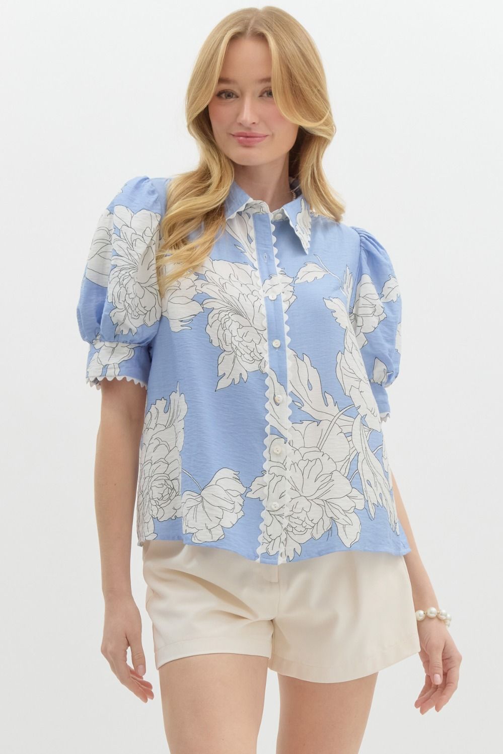 Carley Blue Floral Button Down Top
