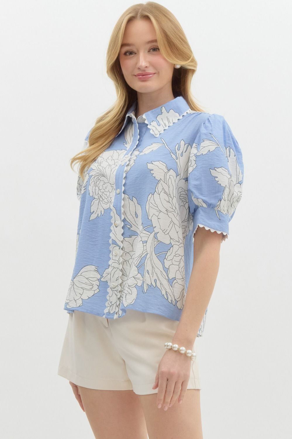 Carley Blue Floral Button Down Top