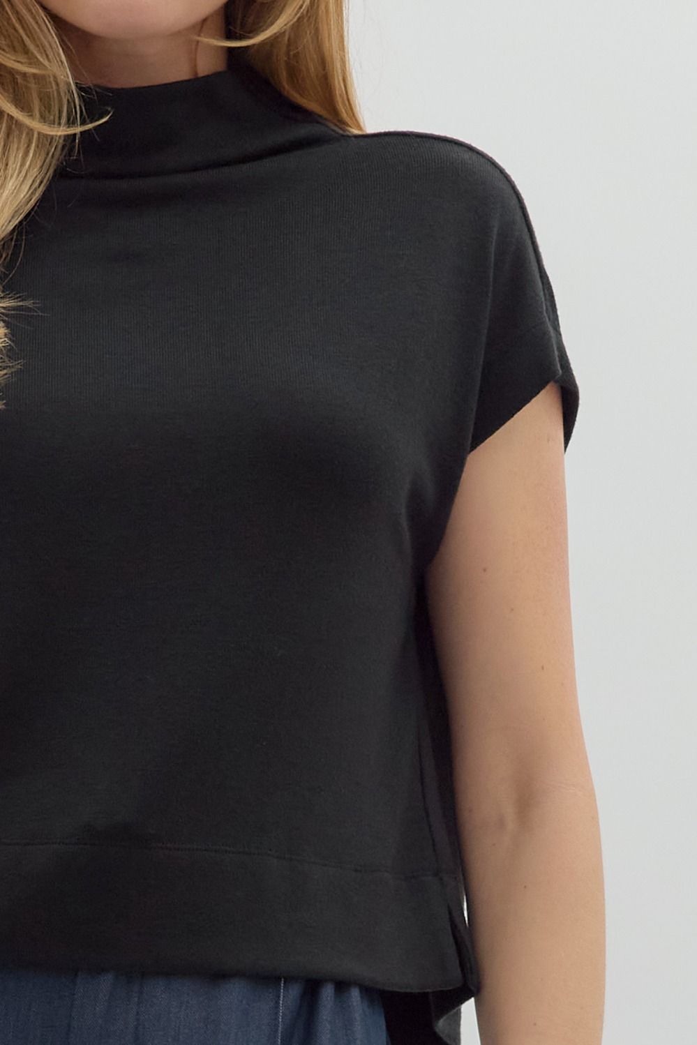 Meila Black Mock Neck Pullover Top