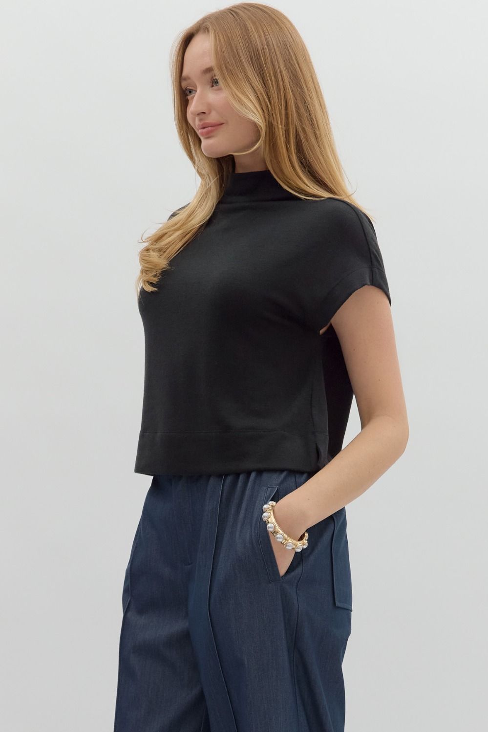 Meila Black Mock Neck Pullover Top