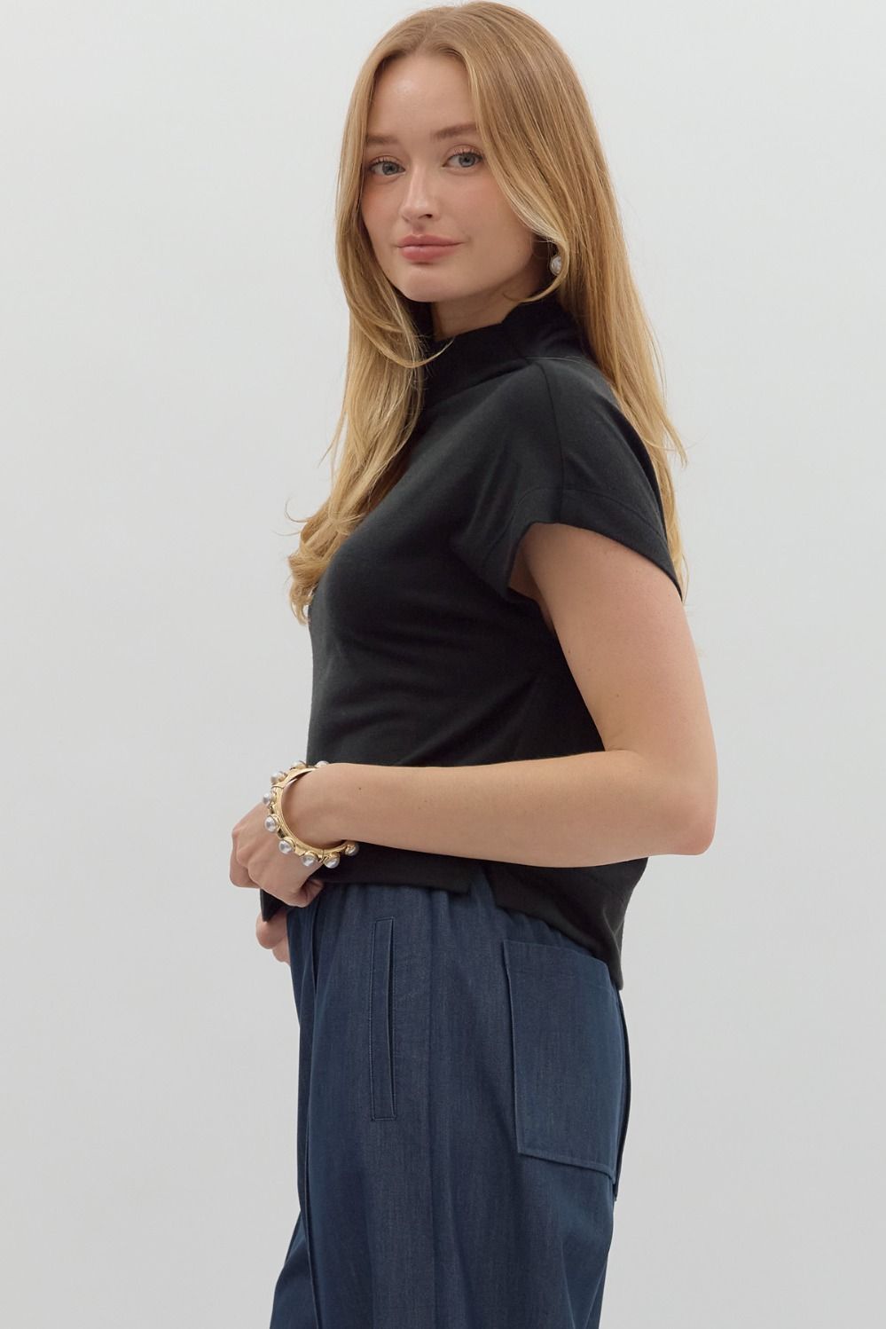 Meila Black Mock Neck Pullover Top