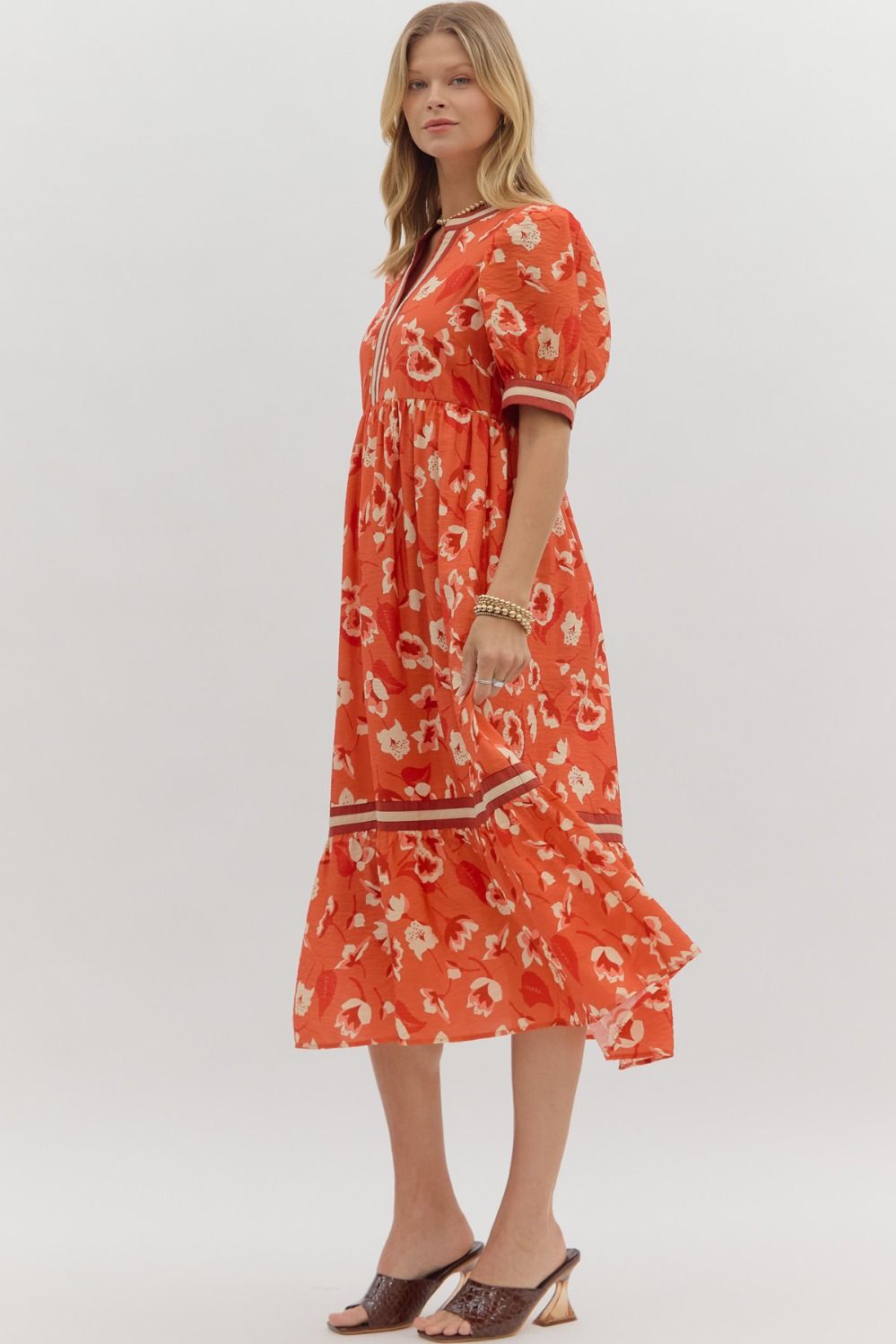 Alenah Rust Floral Tiered Midi Dress