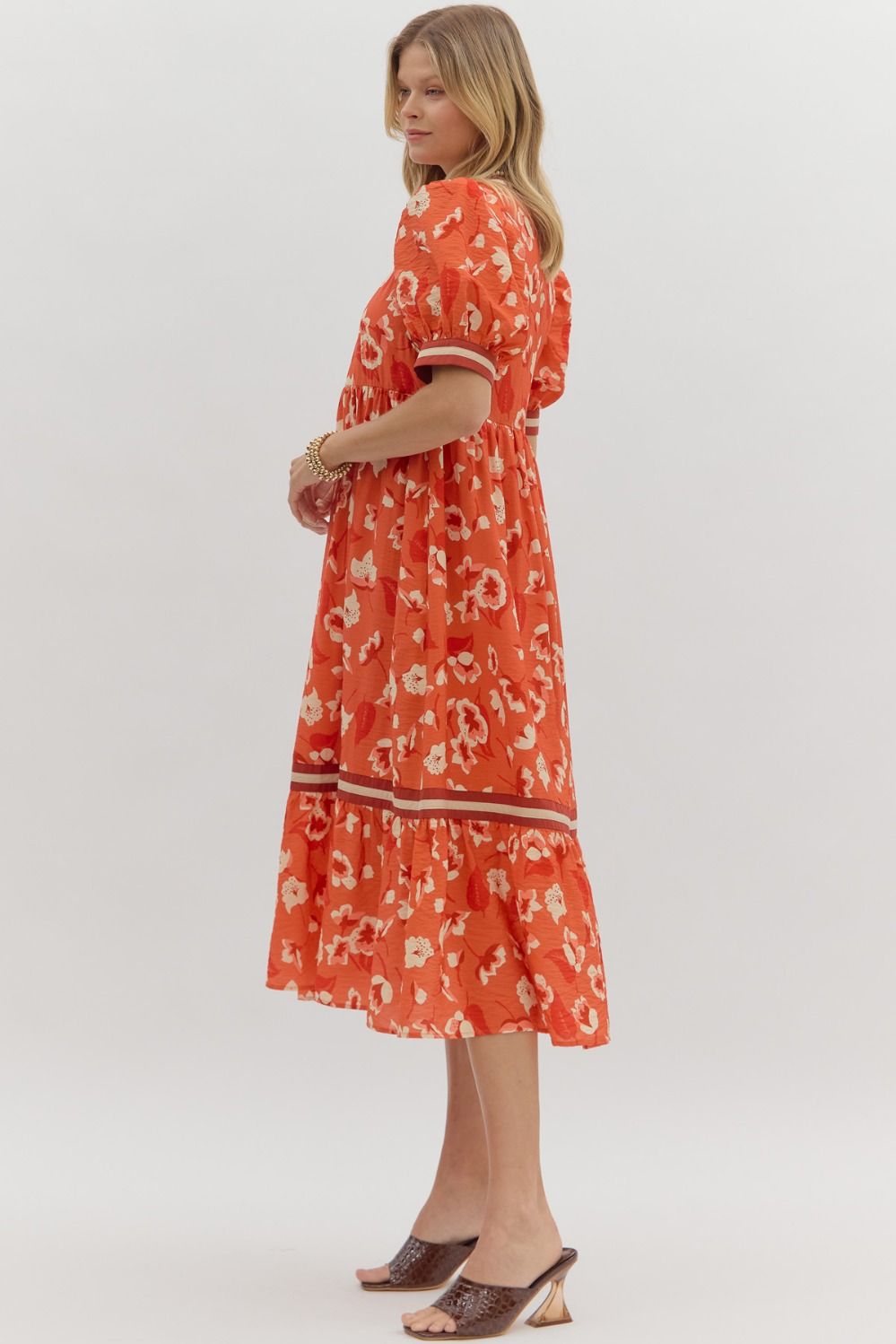Alenah Rust Floral Tiered Midi Dress