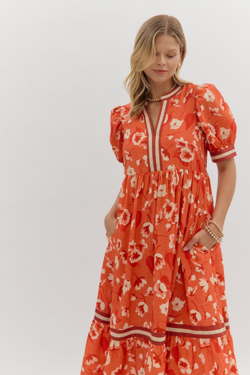 Alenah Rust Floral Tiered Midi Dress