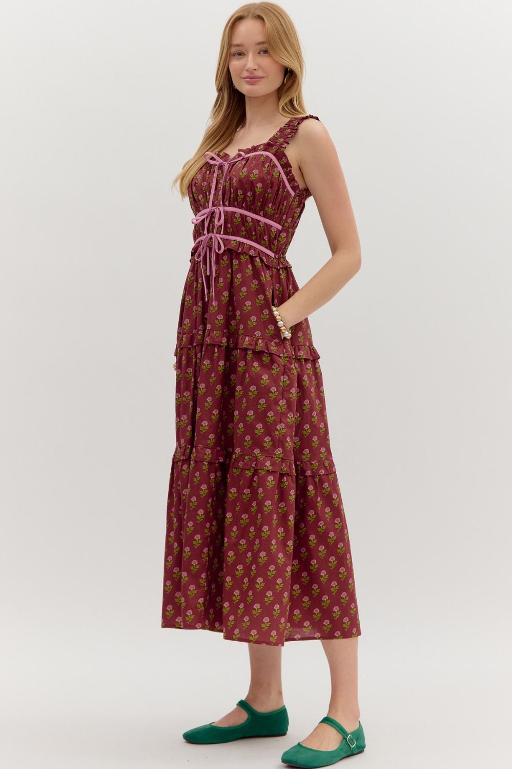 Karoline Burgundy Floral Midi Dress