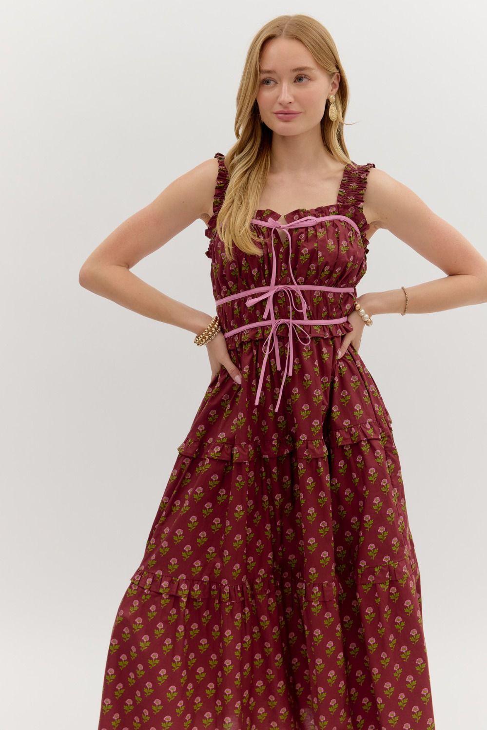 Karoline Burgundy Floral Midi Dress