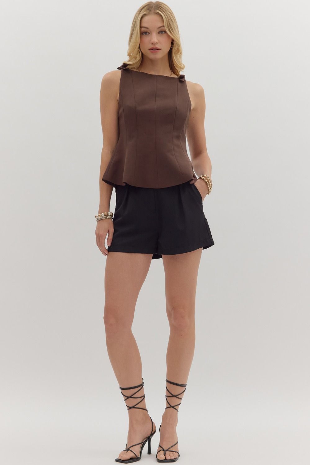 Marilou Brown Flared Hem Blouse