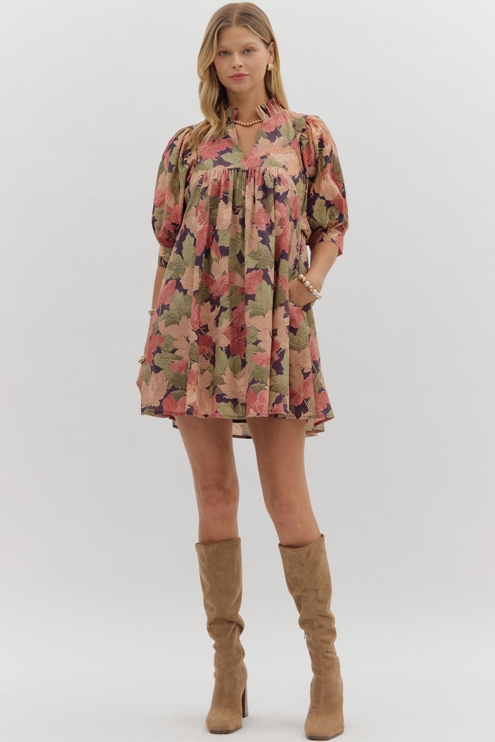 Maxime Brown Floral Babydoll Dress