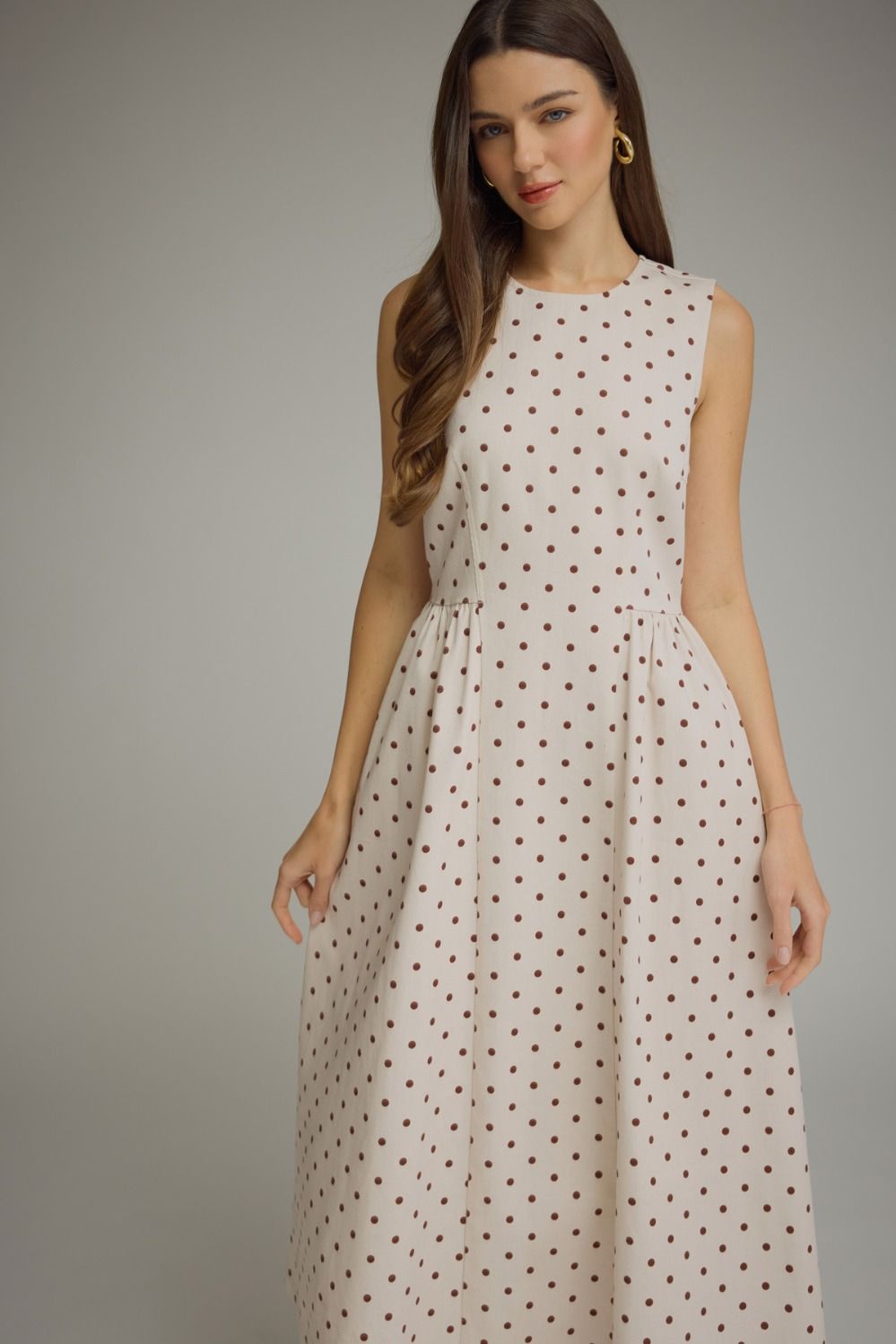 Anorah Ecru Polka Dot Midi Dress