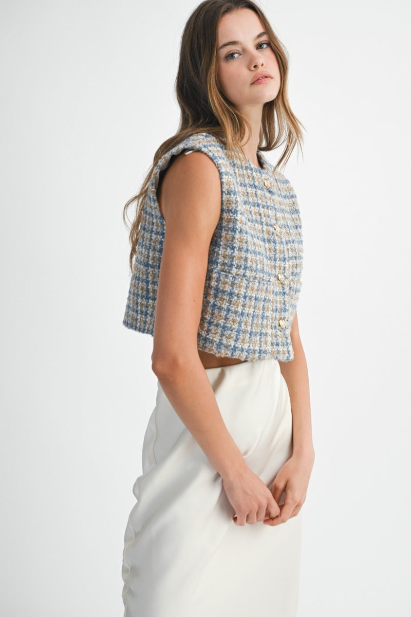 Omaira Blue Tweed Cropped Vest