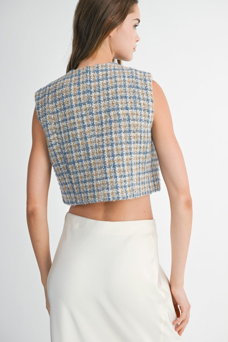 Omaira Blue Tweed Cropped Vest