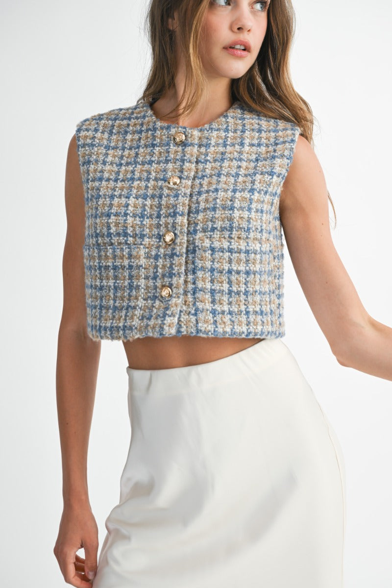 Omaira Blue Tweed Cropped Vest