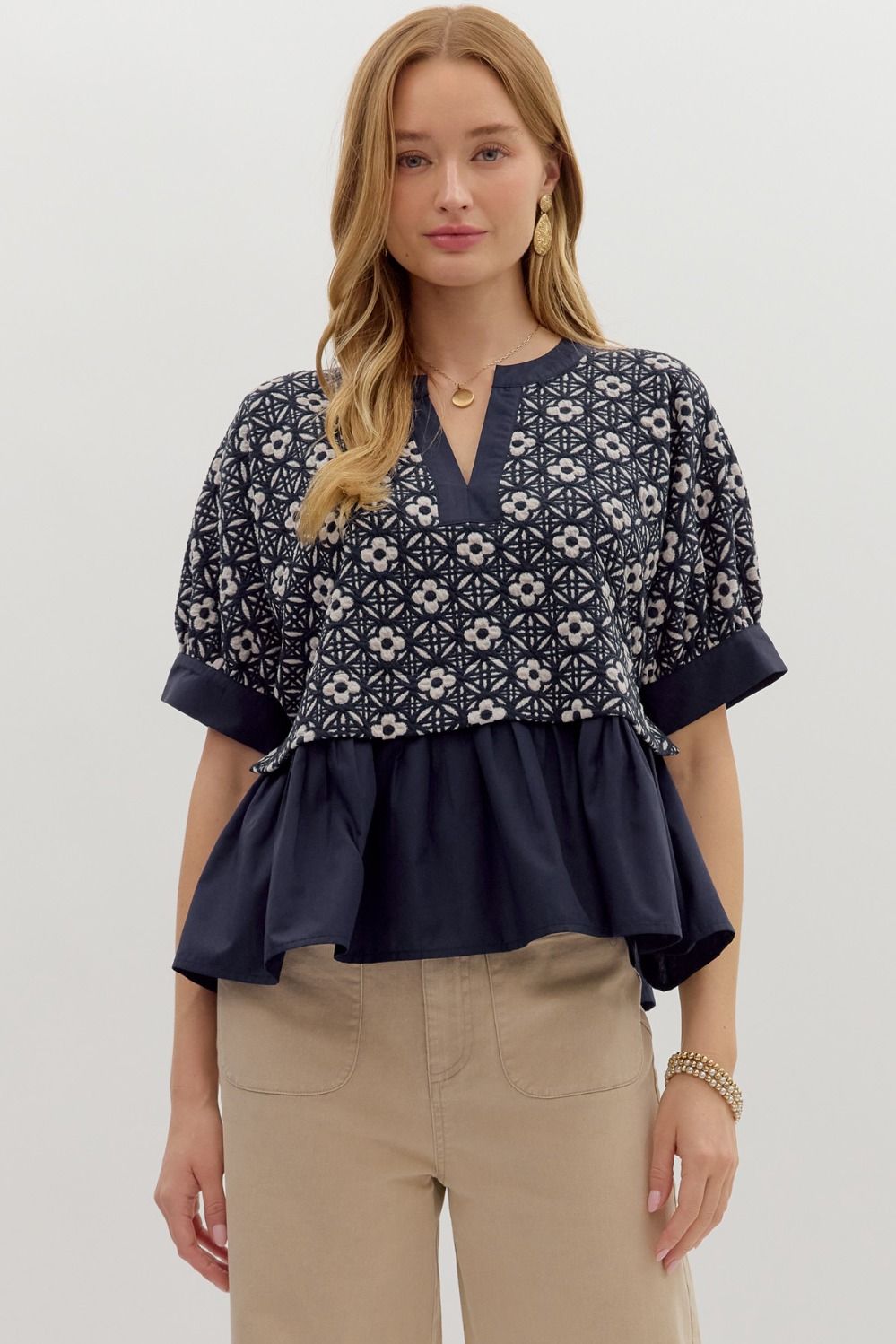 Madina Navy Jacquard Peplum Top