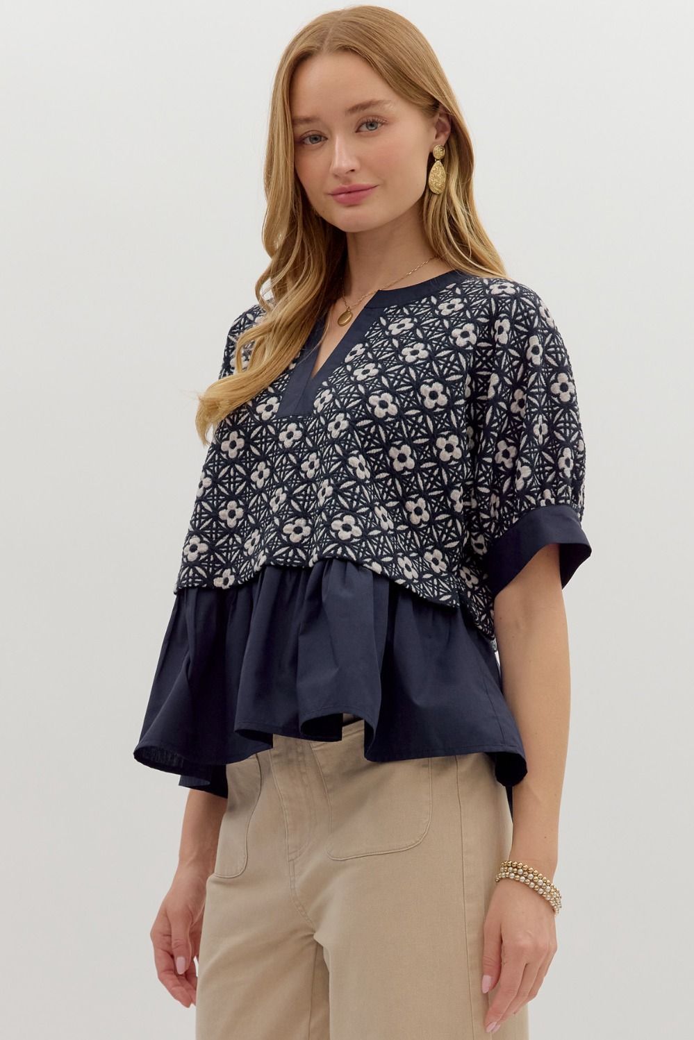 Madina Navy Jacquard Peplum Top