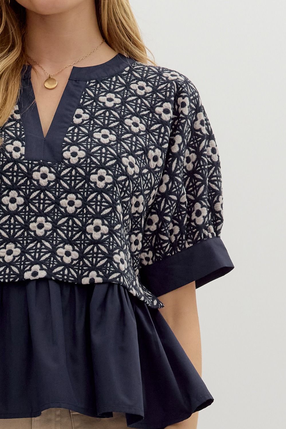 Madina Navy Jacquard Peplum Top