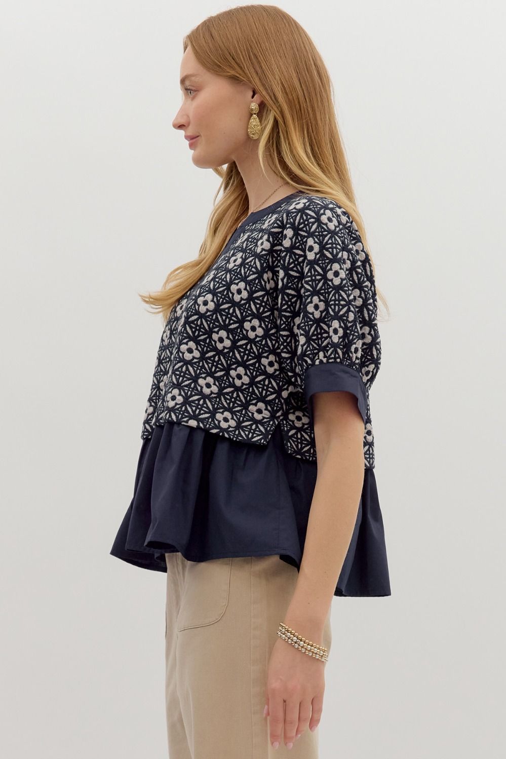 Madina Navy Jacquard Peplum Top