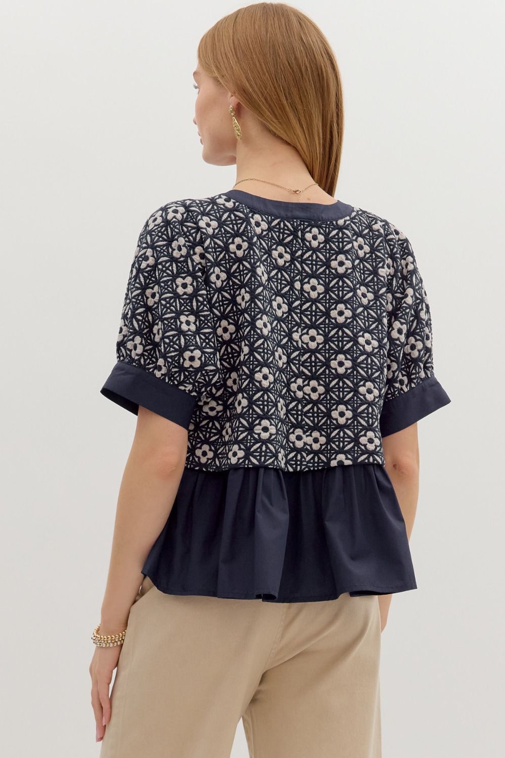 Madina Navy Jacquard Peplum Top