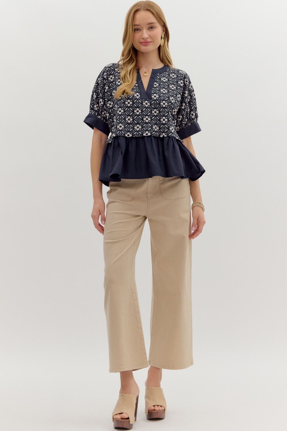 Madina Navy Jacquard Peplum Top
