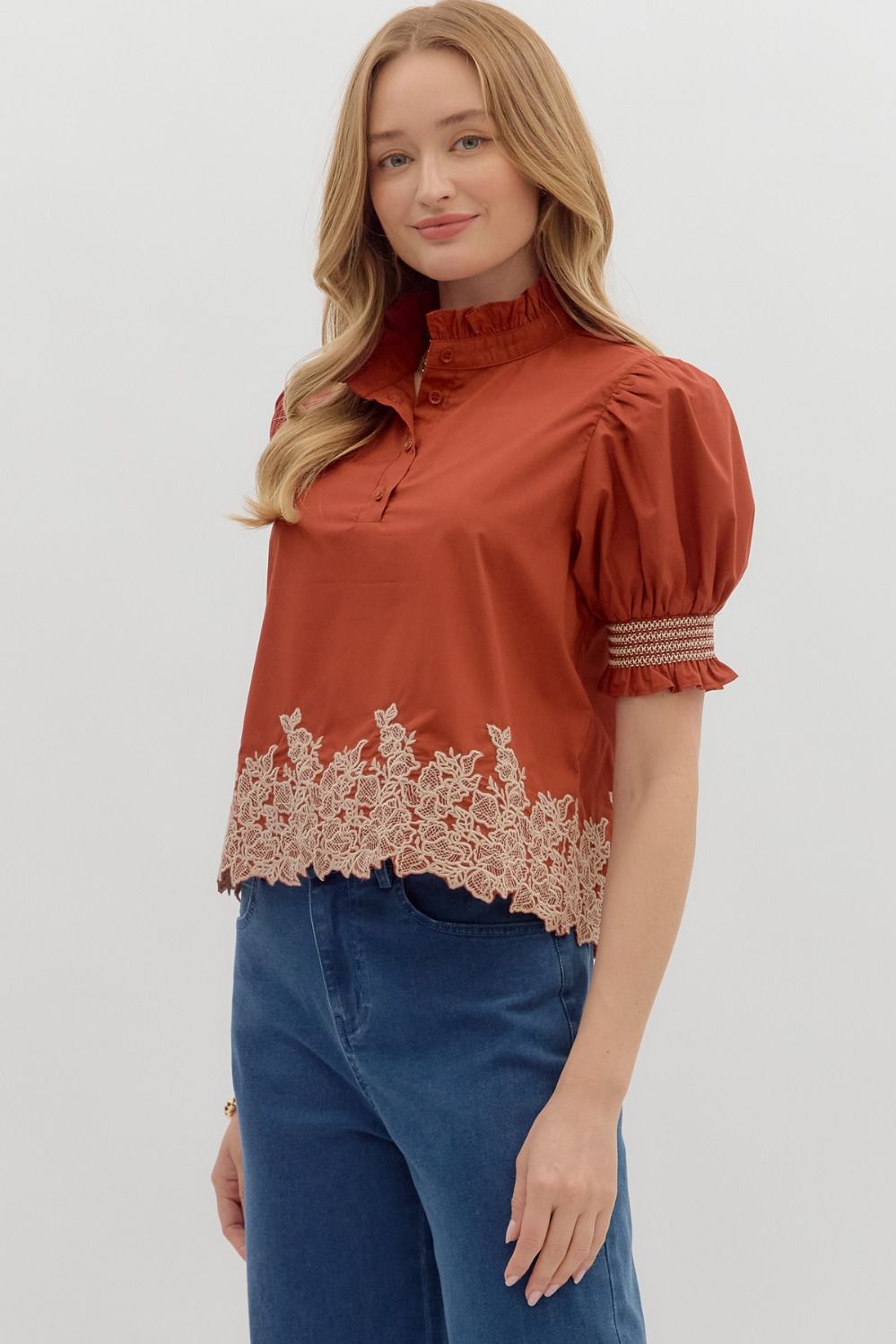 Evaline Rust Embroidered Blouse