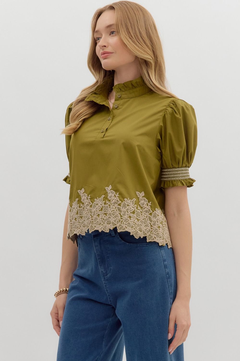 Evaline Olive Embroidered Blouse