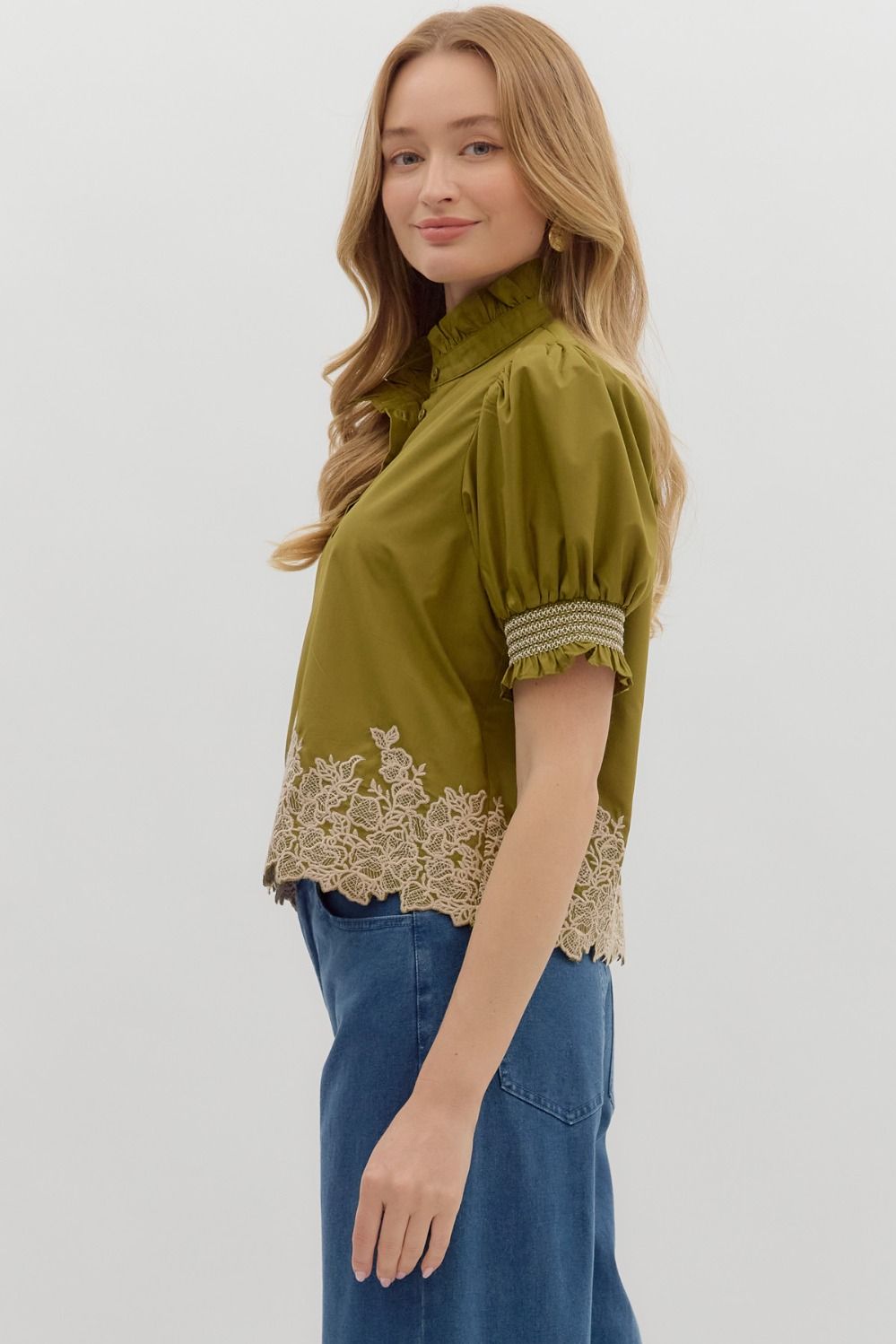 Evaline Olive Embroidered Blouse