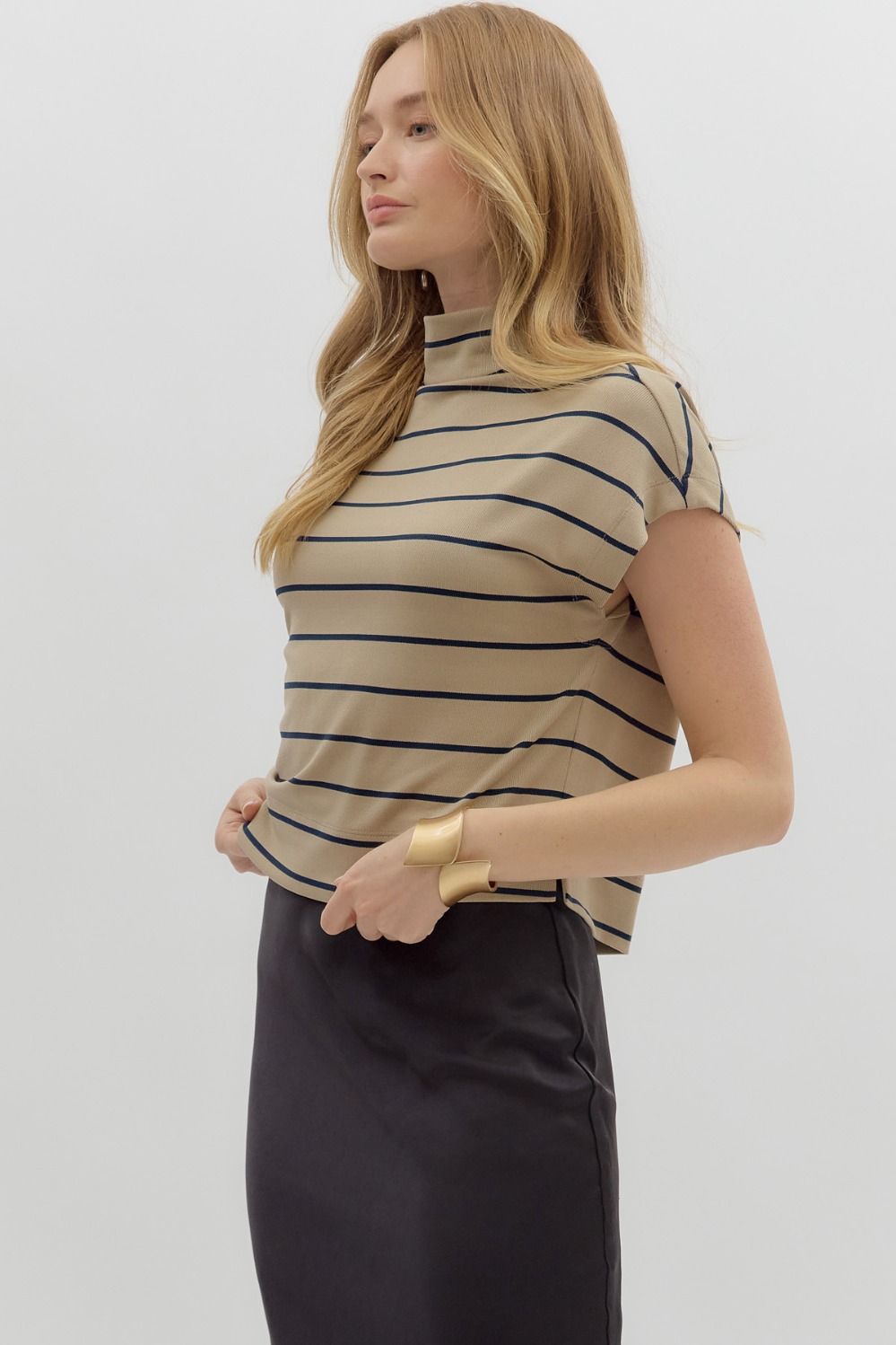 Elanie Taupe Striped Mockneck Top