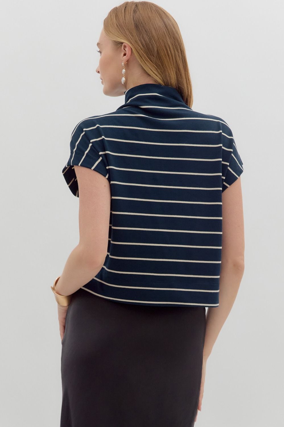 Elanie Navy Striped Mockneck Top