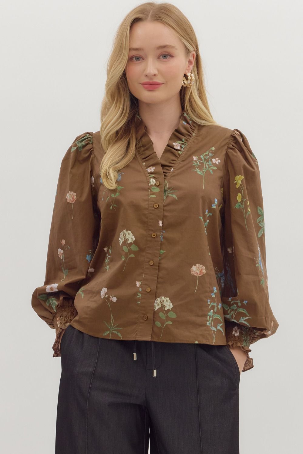 Mae Brown Floral Ruffled Blouse
