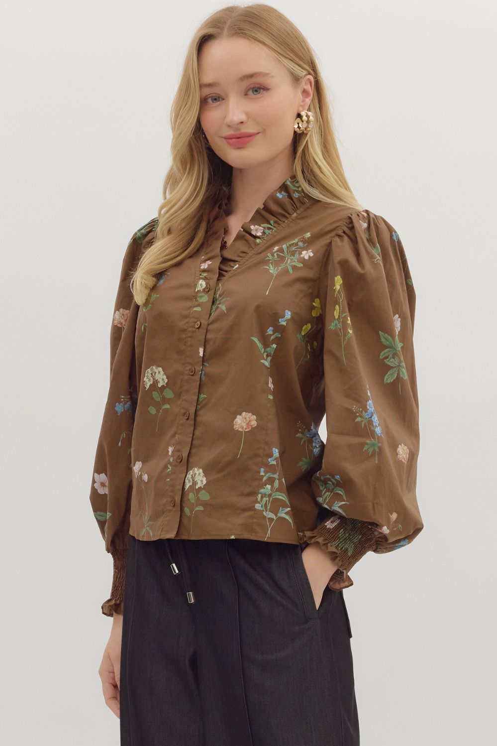 Mae Brown Floral Ruffled Blouse