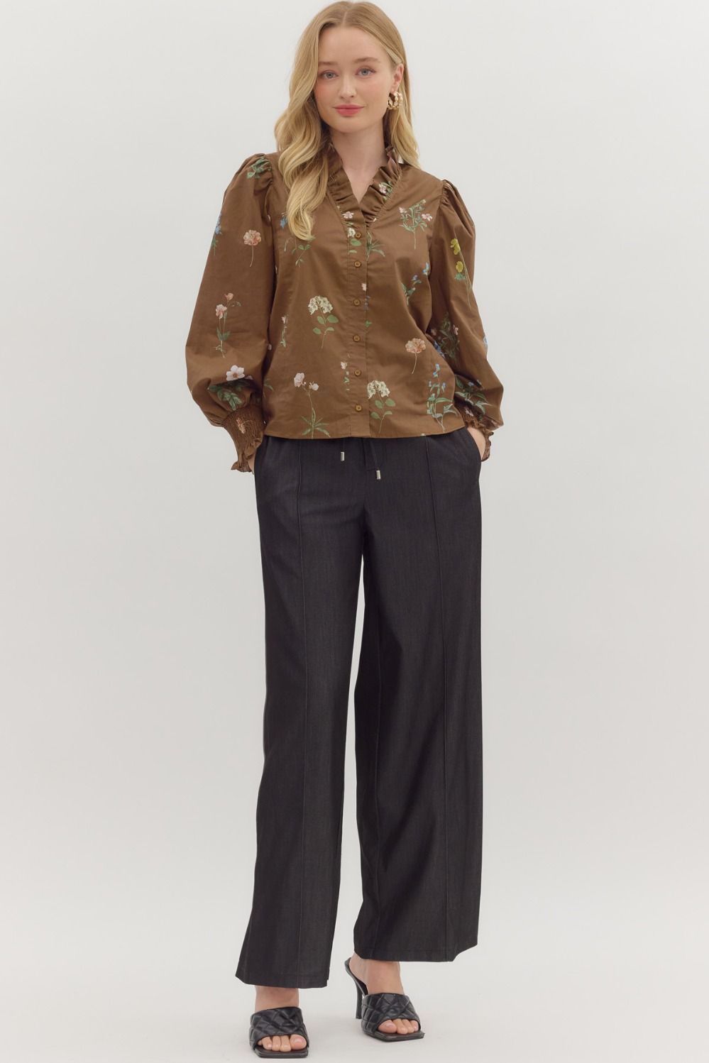Mae Brown Floral Ruffled Blouse