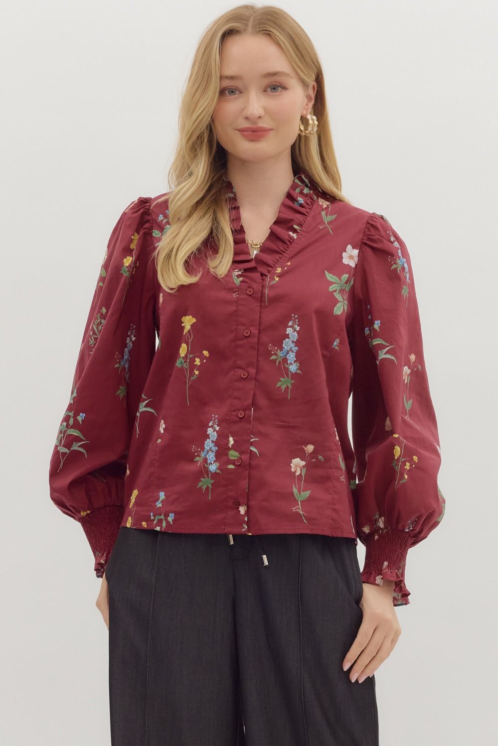 Mae Burgundy Floral Ruffled Blouse