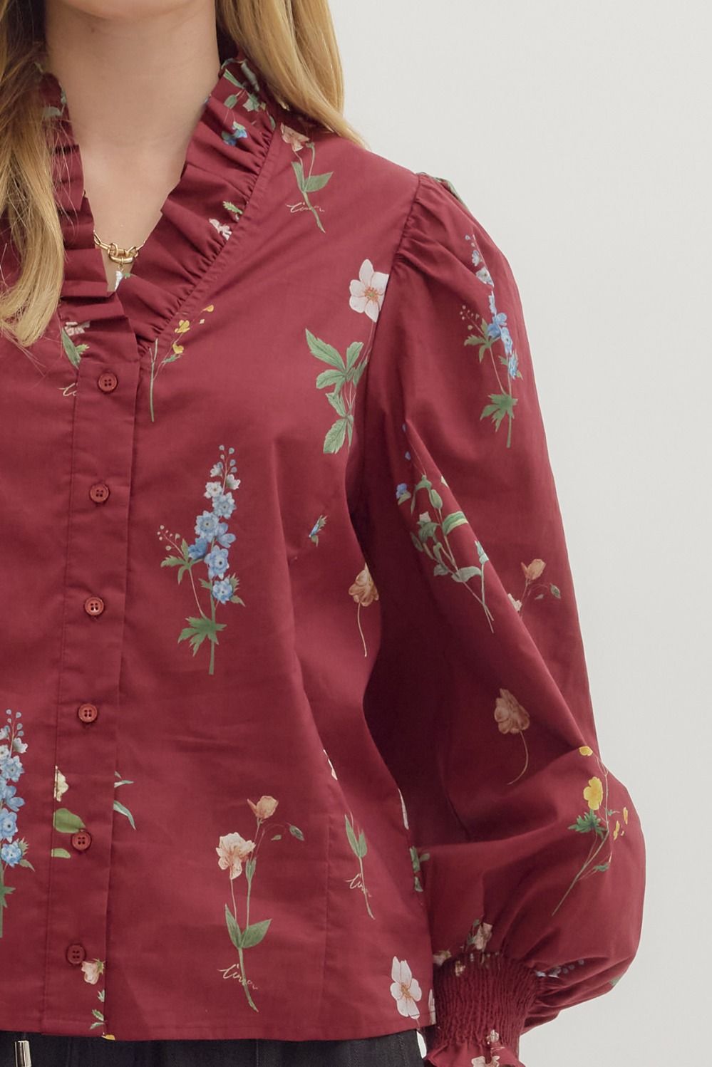 Mae Burgundy Floral Ruffled Blouse