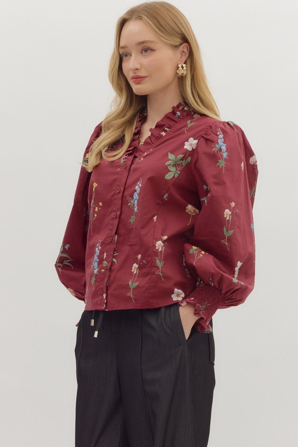 Mae Burgundy Floral Ruffled Blouse