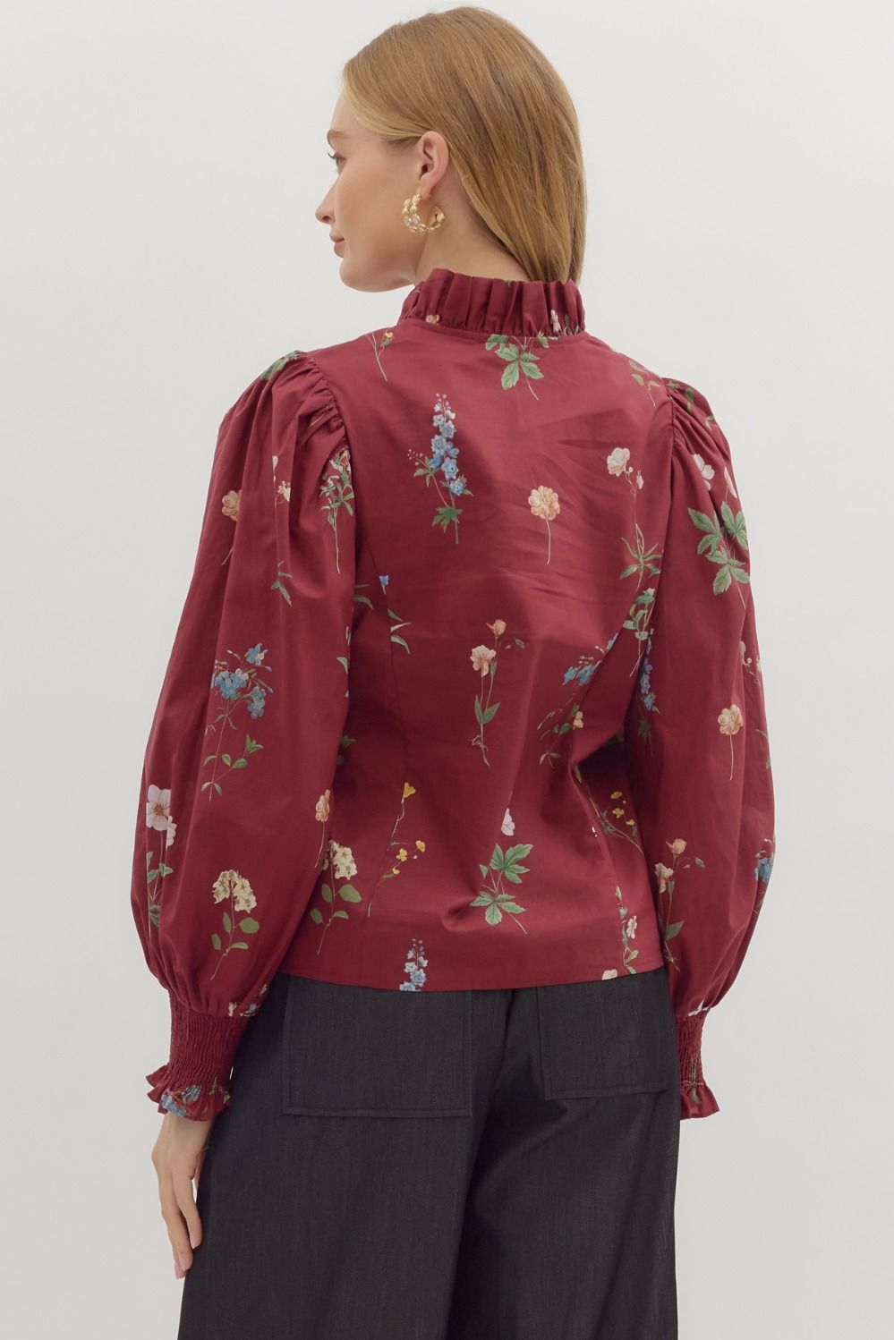 Mae Burgundy Floral Ruffled Blouse