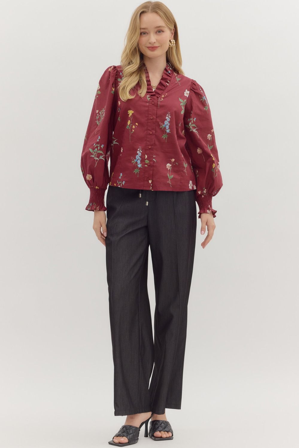 Mae Burgundy Floral Ruffled Blouse