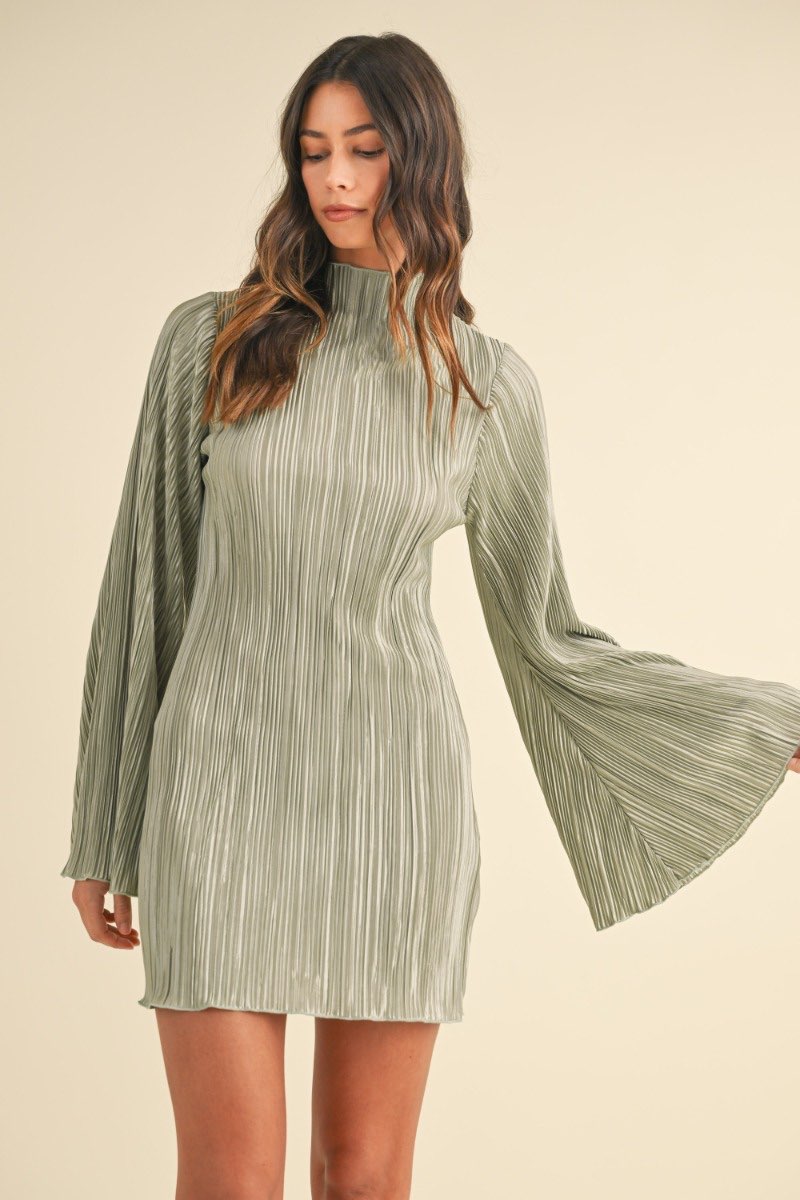 Hera Sage Plisse Bell Sleeve Dress