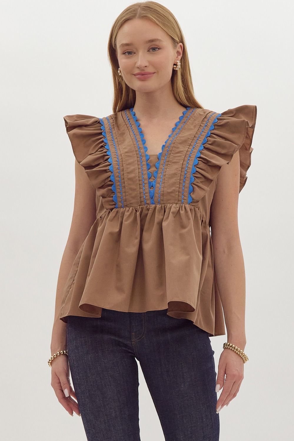 Willow Mocha Ruffle Shoulder Top - FINAL SALE